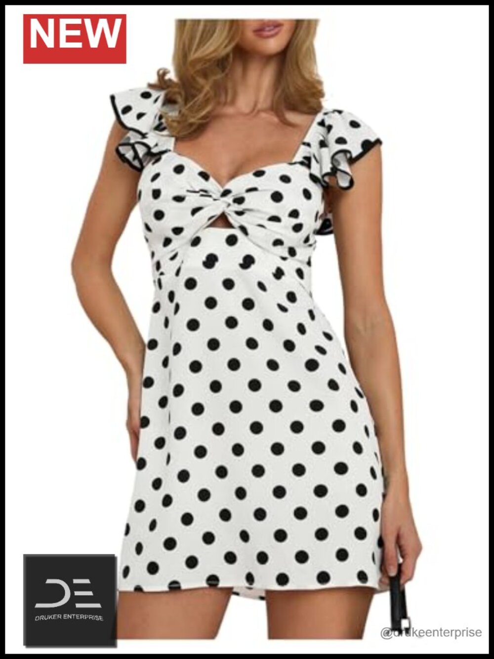 Polka Dots Twist Front Mini Dress Ruffle Cut Out
